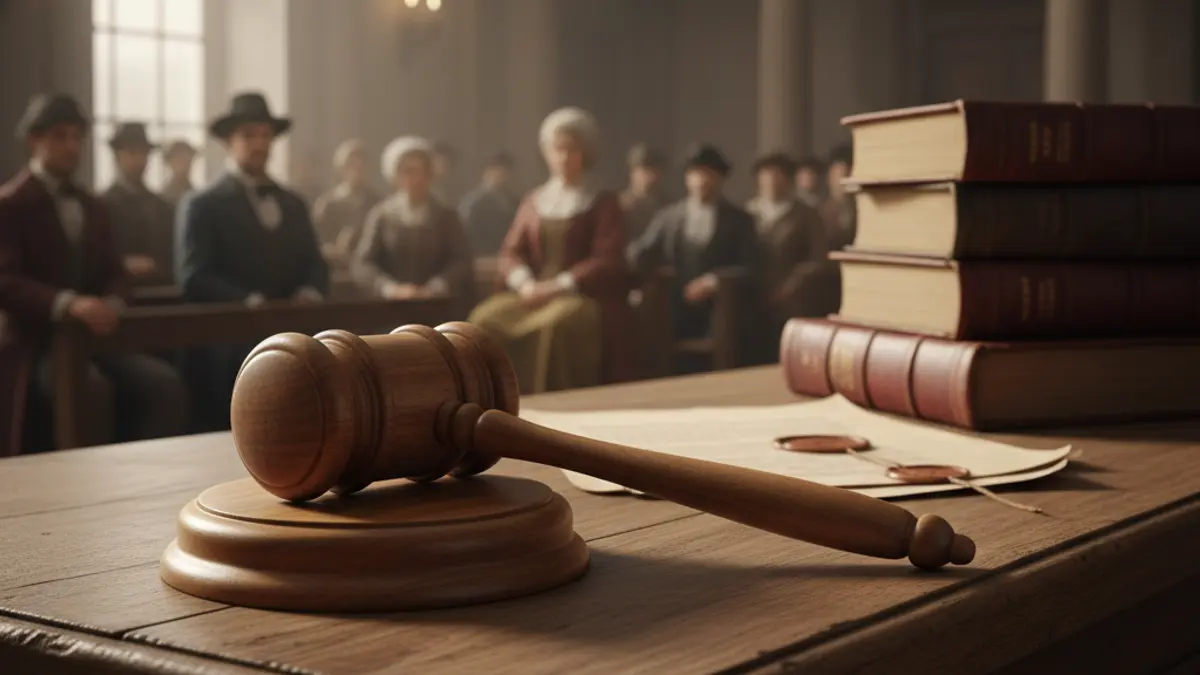 Martell de jutge sobre una taula de fusta, amb documents legals desenfocats al fons.