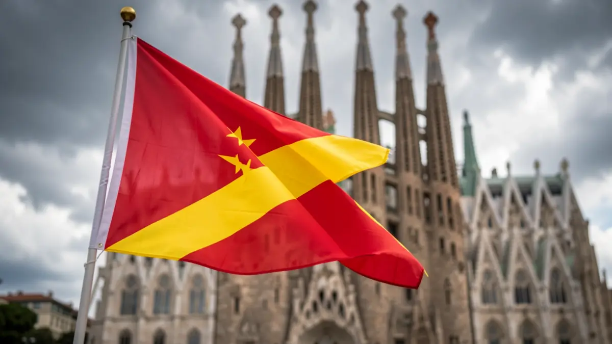 Estelada flag waving in front of an emblematic Catalan building as a protest.