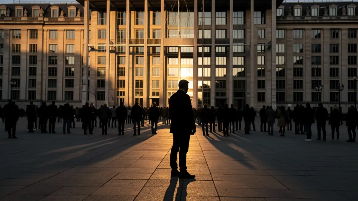Generic image of a political figure in front of an institutional building at sunset.