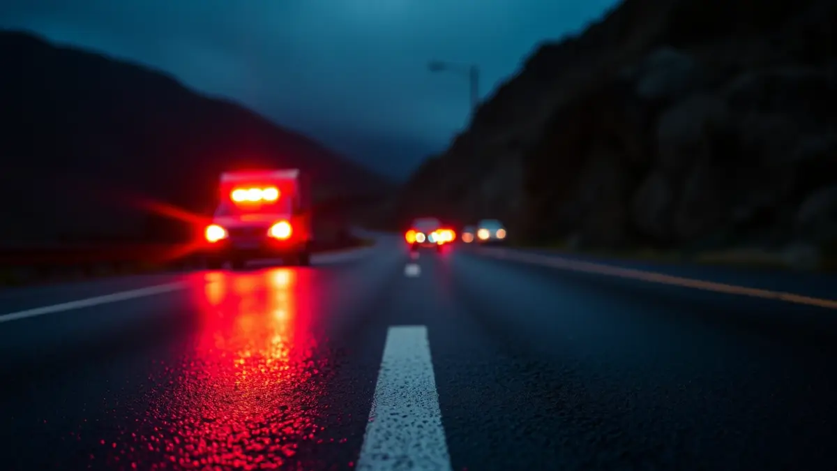 Imagen genérica de luces de emergencia reflejándose sobre el asfalto mojado en una carretera de montaña.