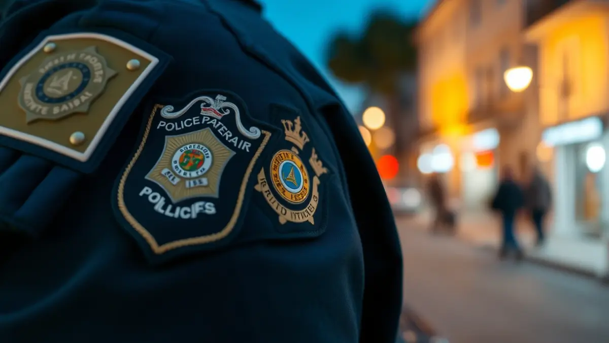 Imatge genèrica d'un distintiu policial amb un fons urbà nocturn desenfocat.