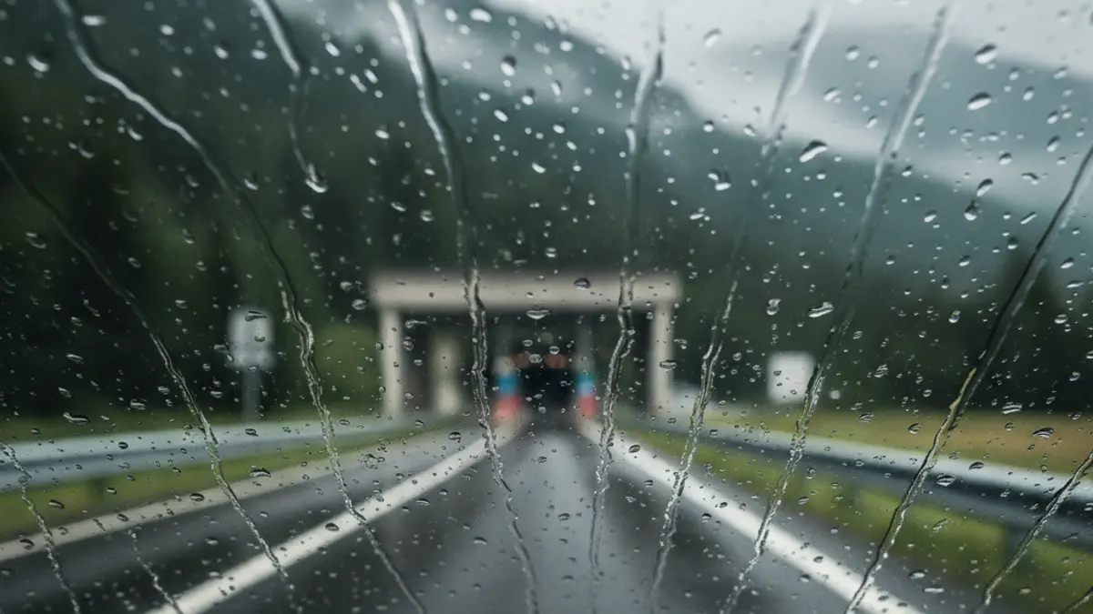 Generic image of a rainy windshield with a tunnel in the background, symbolizing mobility difficulties.