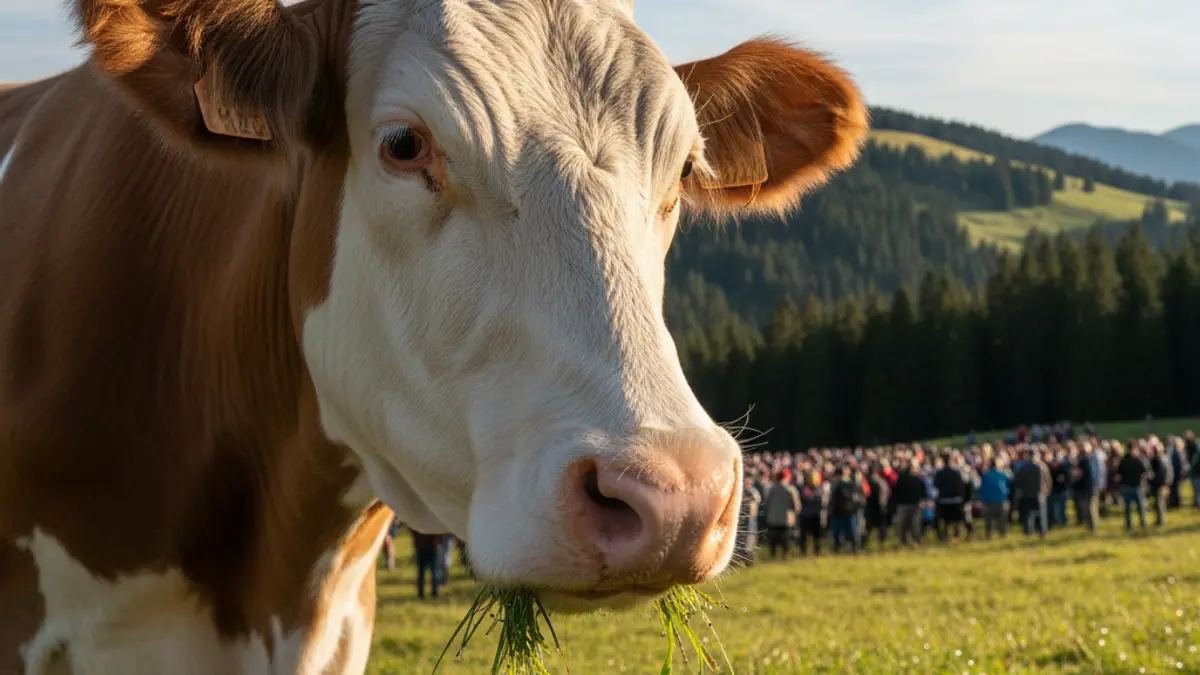 Image of a cow in a mountain pasture, with trees and blue sky in the background.