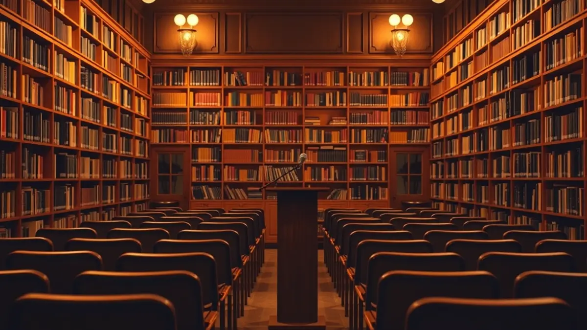 Imatge genèrica d'un interior de biblioteca o sala de projeccions amb un podi i cadires buides, il·luminació càlida.