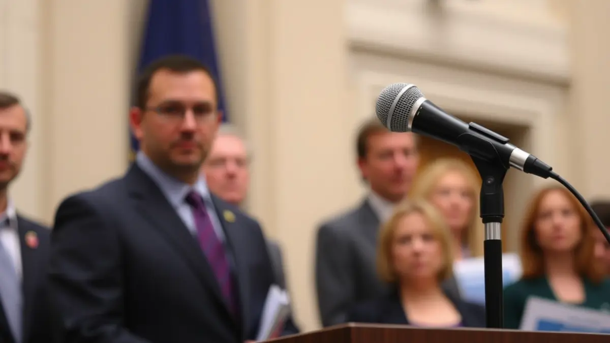 Generic image of a microphone on a podium, symbolizing a public event or debate.