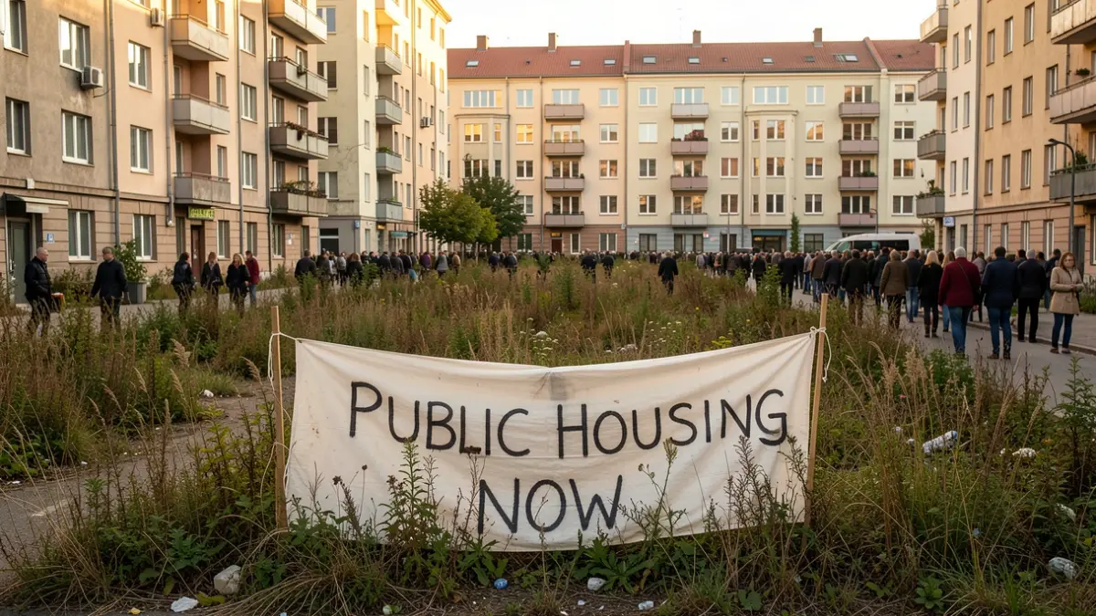 Generic image of a vacant lot with a banner demanding public housing.