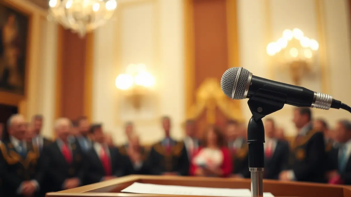 Generic image of a microphone on a podium during an official event.