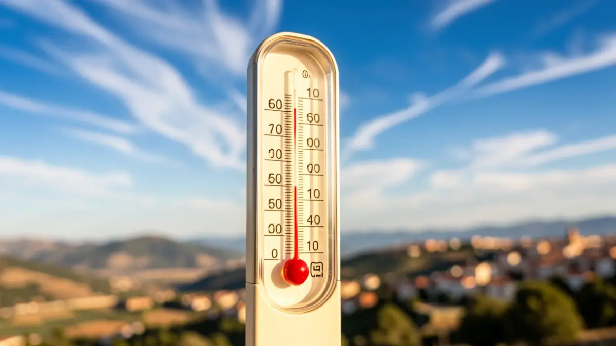 Termómetro marcando una temperatura elevada bajo un cielo azul, imagen genérica de calor.