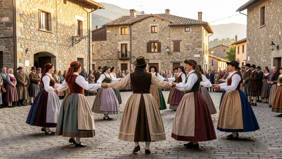 Bailarines con vestidos tradicionales representando la danza del Balhano en la plaza de un pueblo pirenaico.