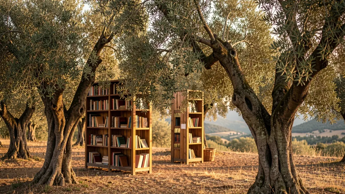Generic image of an olive grove with integrated book shelves.
