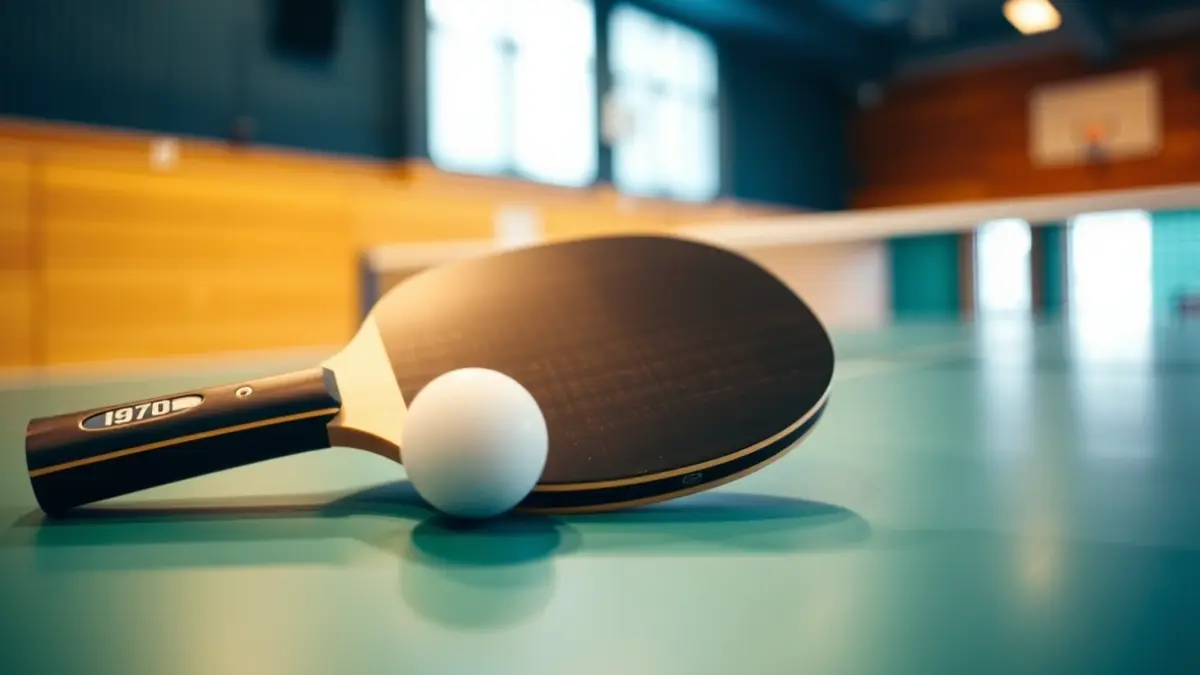 Generic image of a table tennis paddle and ball on a green table.