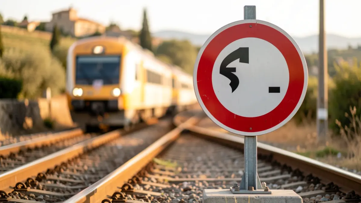 Generic image of train tracks with a speed restriction sign.