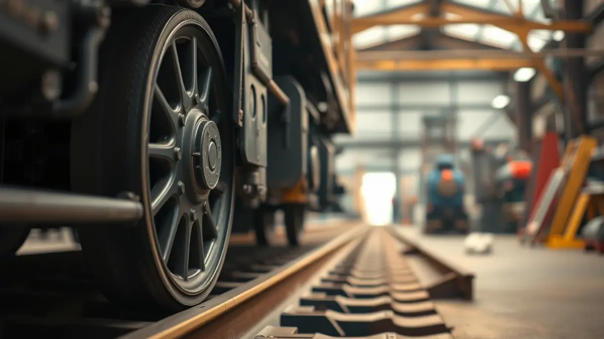 Imagen genérica de un taller de mantenimiento de trenes con una rueda de tren en primer plano.