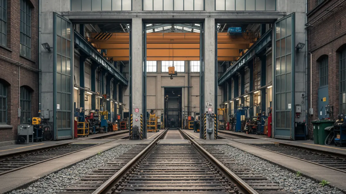 Generic image of train tracks entering a maintenance workshop.