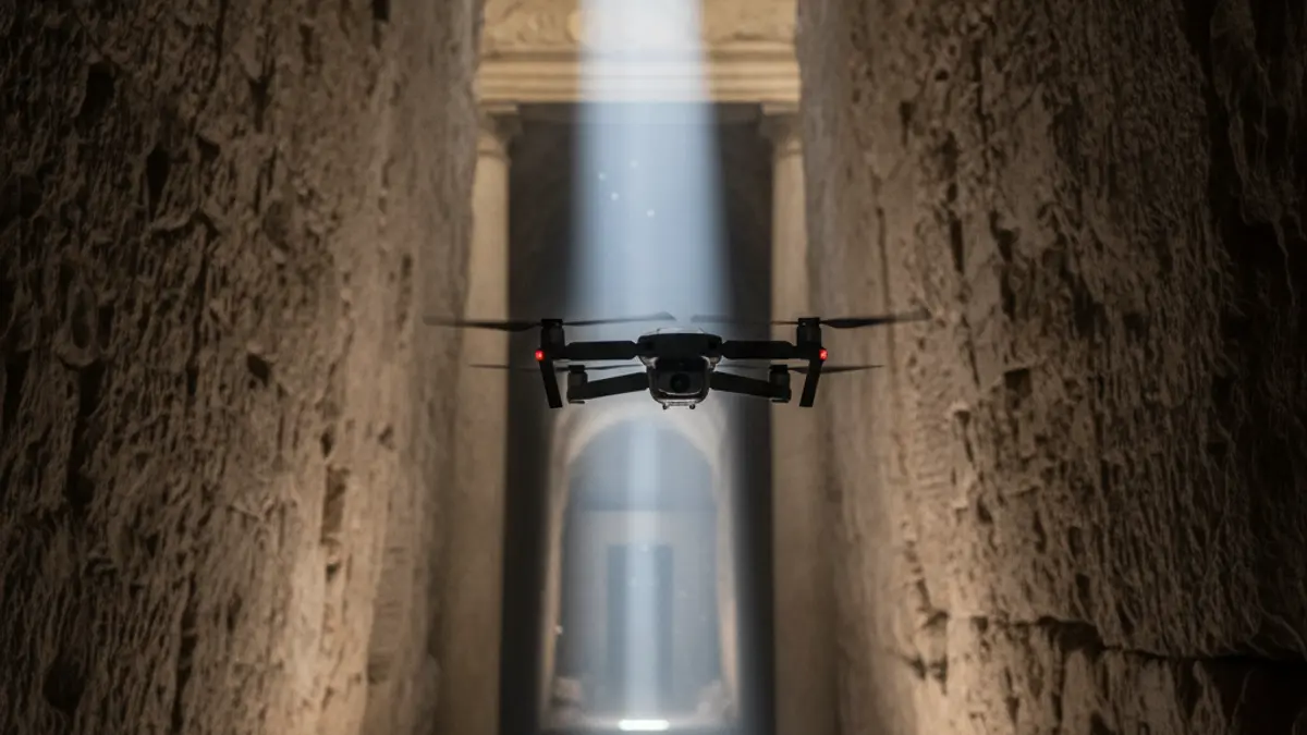Image of a drone exploring an underground air-raid shelter
