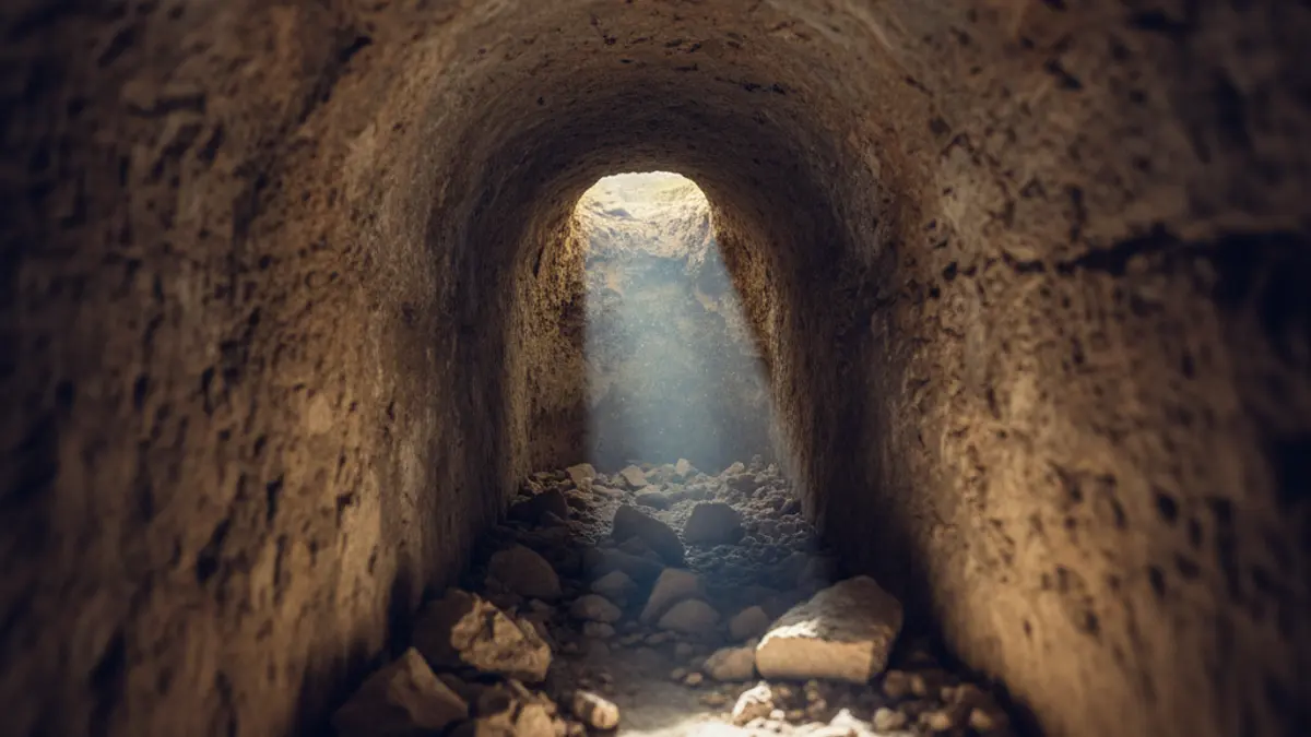 Imagen de un túnel excavado en la roca, con luz entrando desde una abertura.