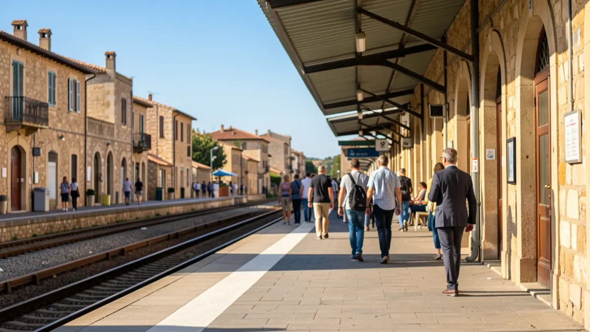 Imatge d'una estació de tren a l'Alt Empordà amb les vies desenfocades.