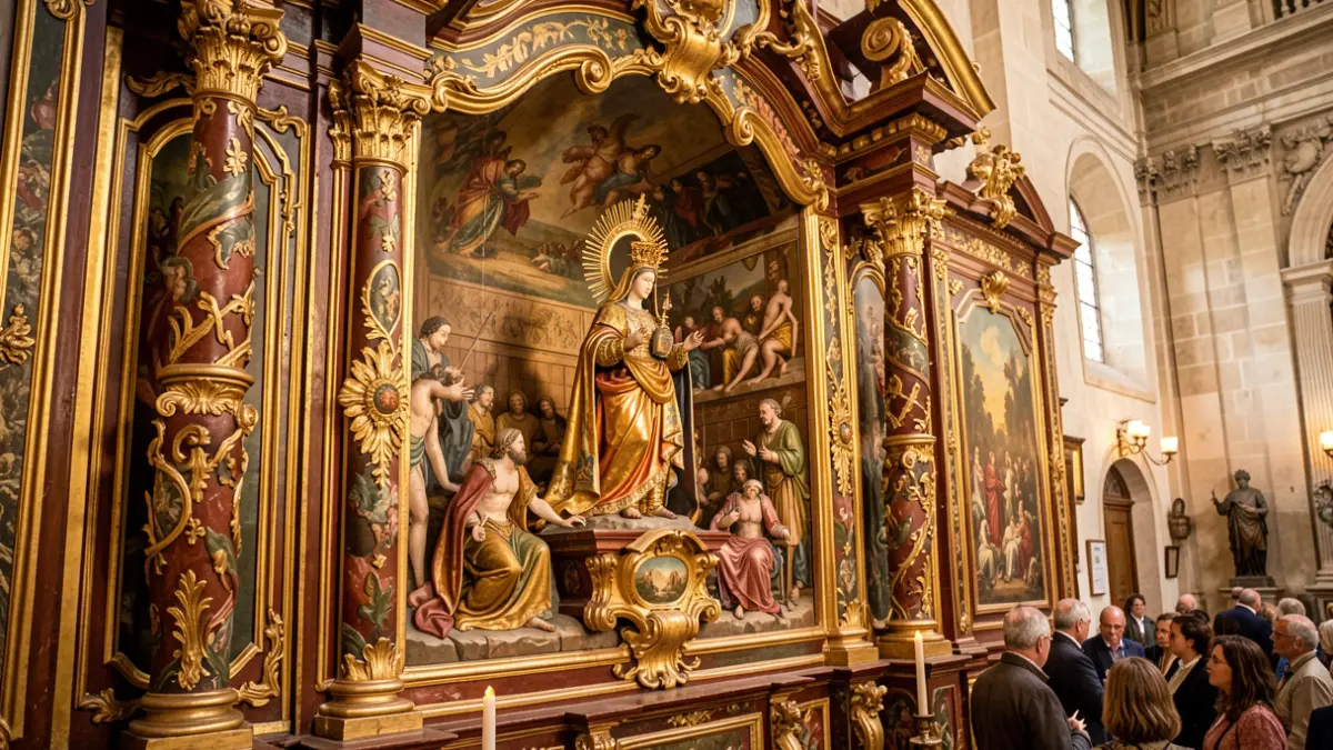Detail of a polychromed and gilded baroque altarpiece featuring the Virgin of Carmen.