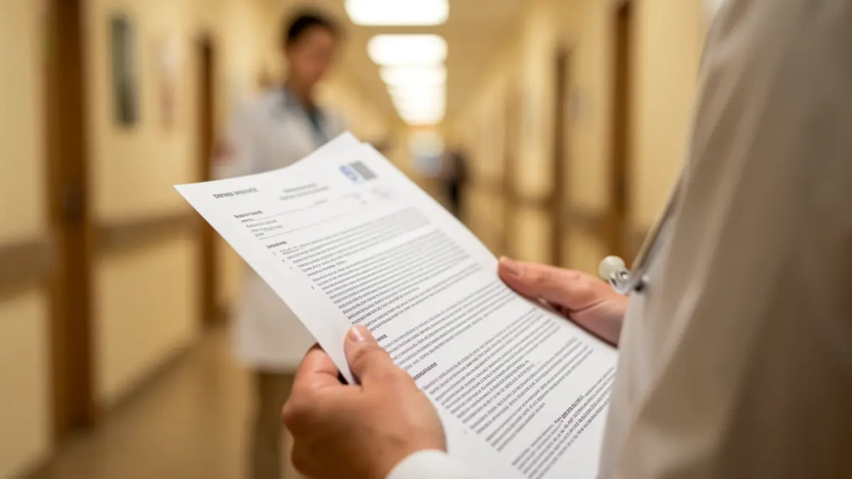 Generic image of a woman's hand holding a medical document in a hospital setting.