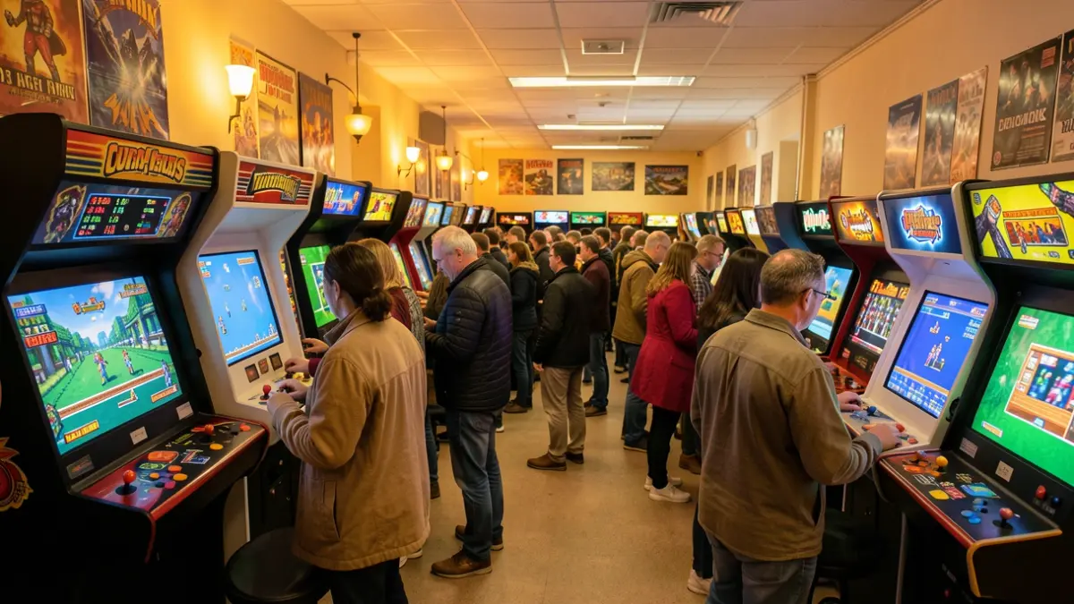 Imagen genérica de una feria de videojuegos retro con máquinas clásicas y público.
