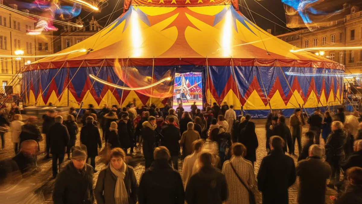 Imagen genérica de un espectáculo de circo contemporáneo con luces y movimiento.