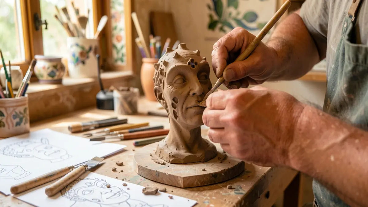 Detalle de las manos de un escultor trabajando en un modelo de Gaudí.