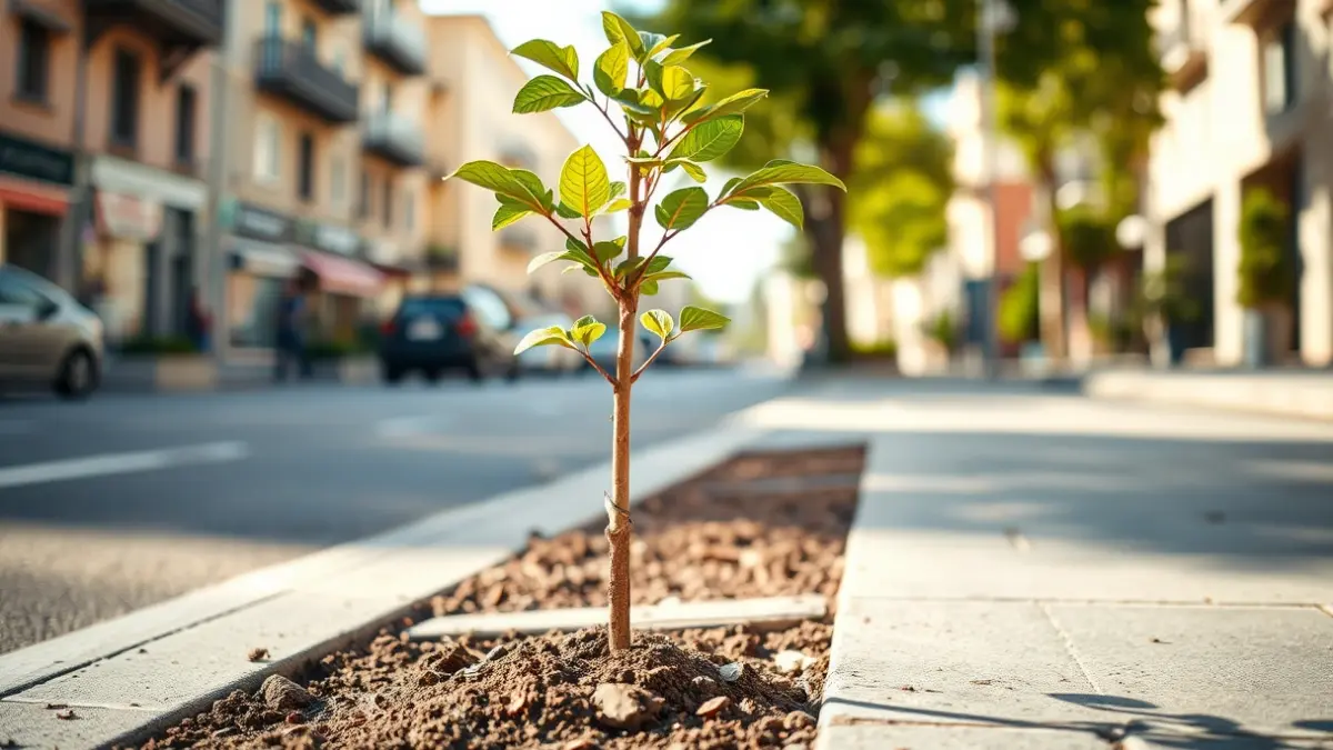 Imagen genérica de un árbol joven plantado en una calle urbana.