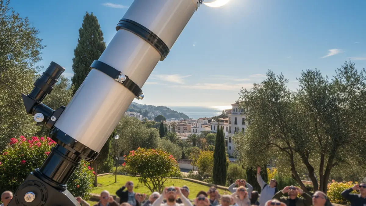 Imatge d'un telescopi observant un eclipsi solar amb gent al fons.
