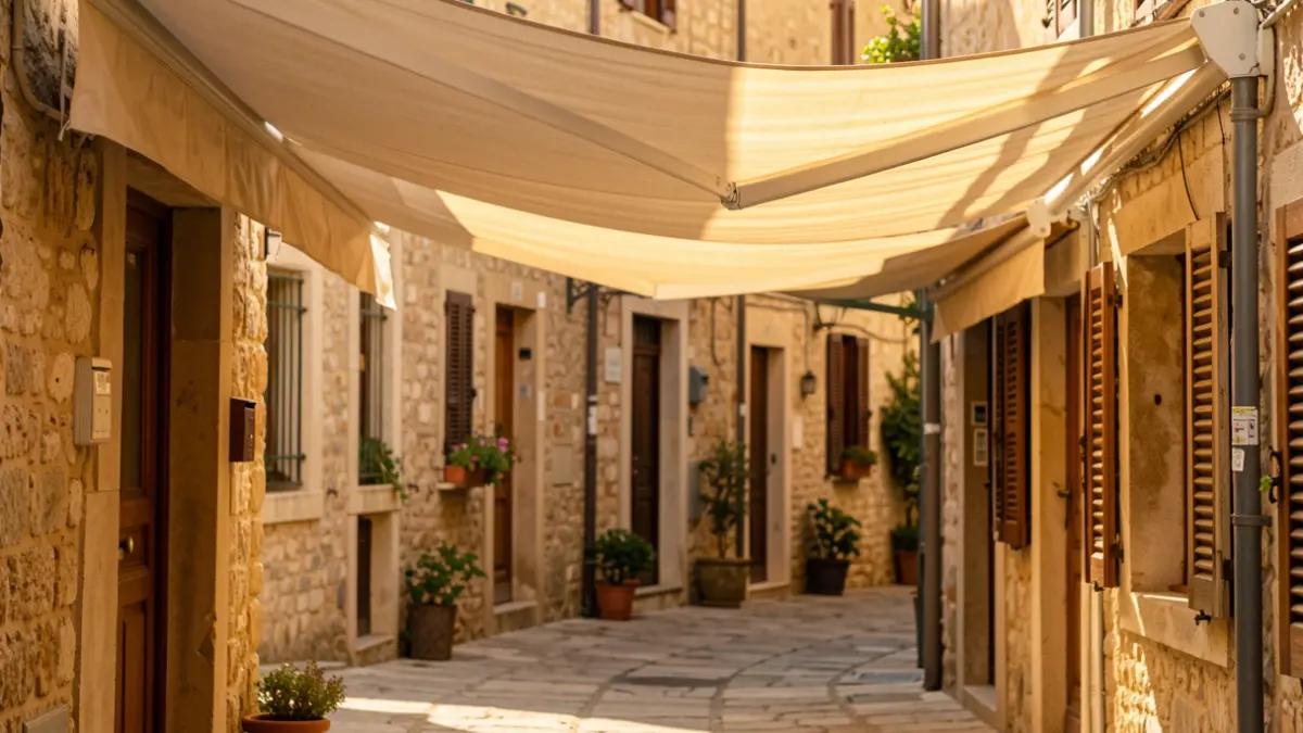Imatge genèrica de tendals instal·lats en un carrer amb façanes d'edificis.