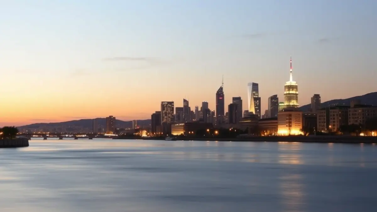 Generic image of a modern city at dusk, with lights on and reflections in the water.