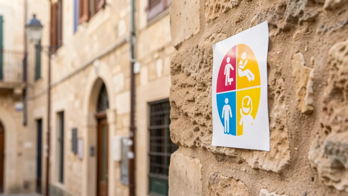 Accessibility pictogram sticker on a public building wall.