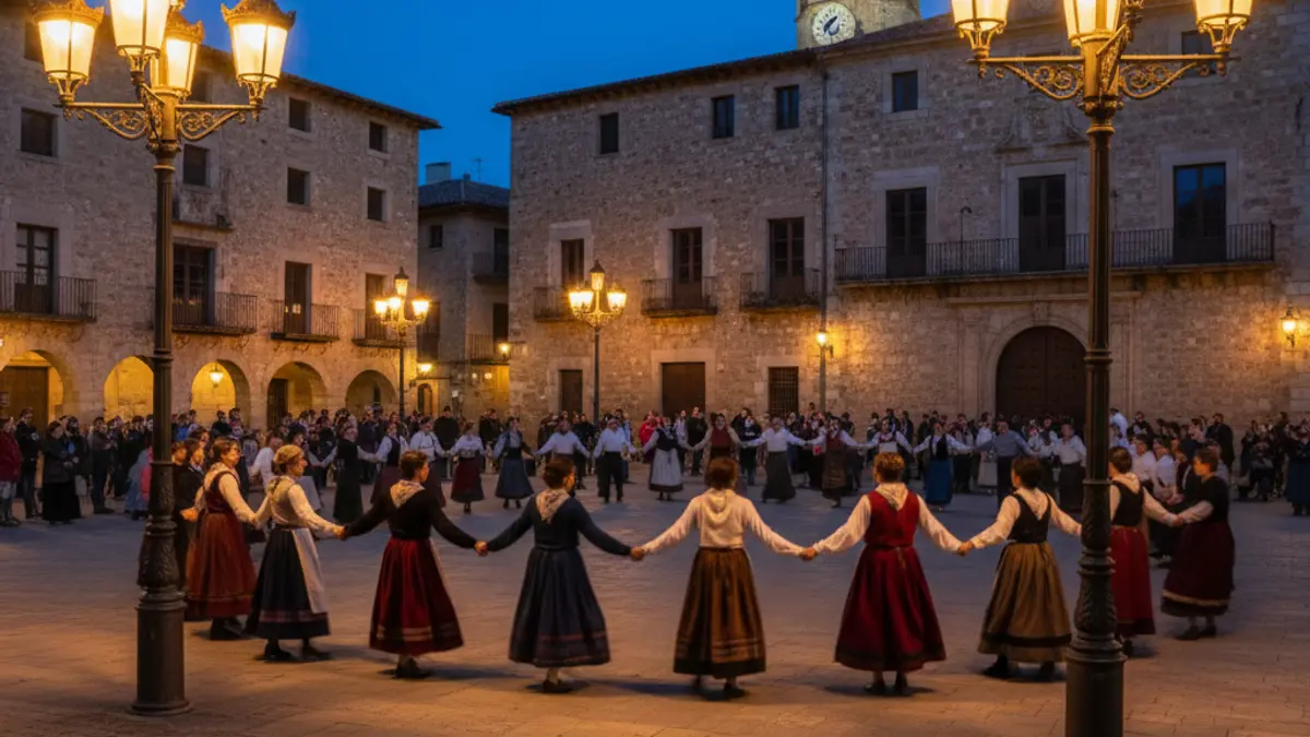 Image of a Catalan town square with people dancing a traditional dance during a local festival.