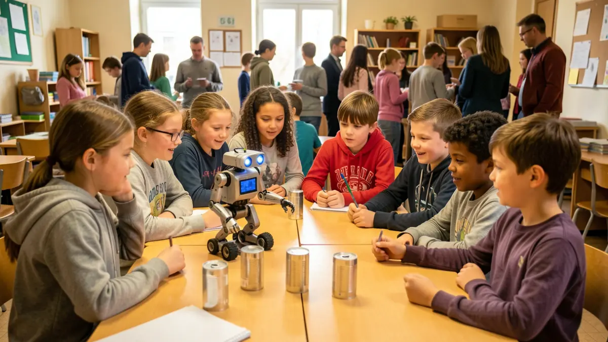 Imagen genérica de niños trabajando con un robot.