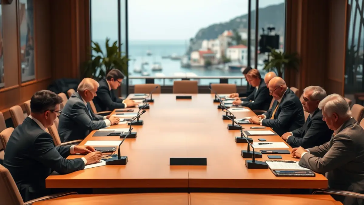 Imatge d'una sala de conferències amb una taula gran i micròfons, suggerint una reunió econòmica d'alt nivell.