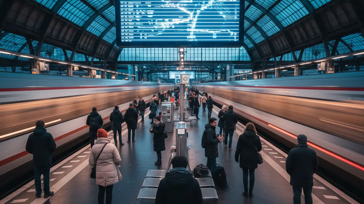 Generic image of a train station at dusk with blurred lights and waiting passengers.