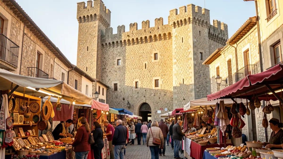 Imagen genérica de un mercado de proximidad frente a un castillo medieval.