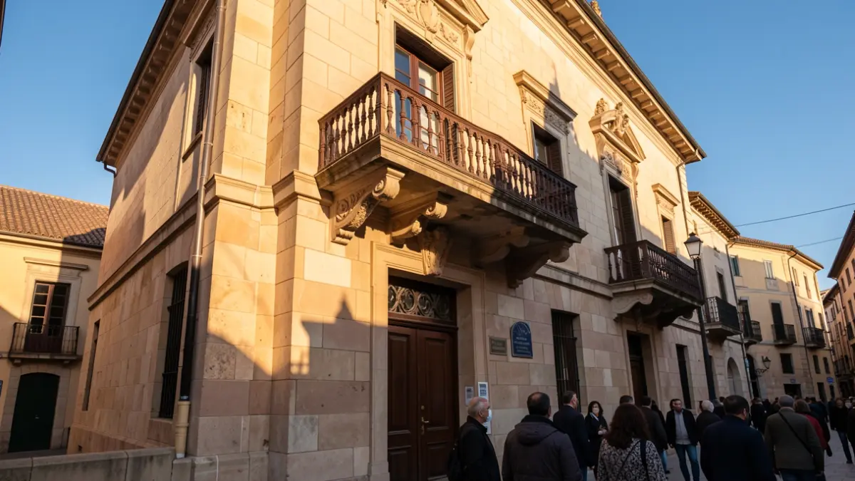 Generic image of a municipal building with a balcony and afternoon light.