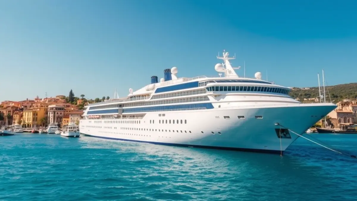 Un crucero de lujo atracado en un puerto mediterráneo con un pueblo costero al fondo.