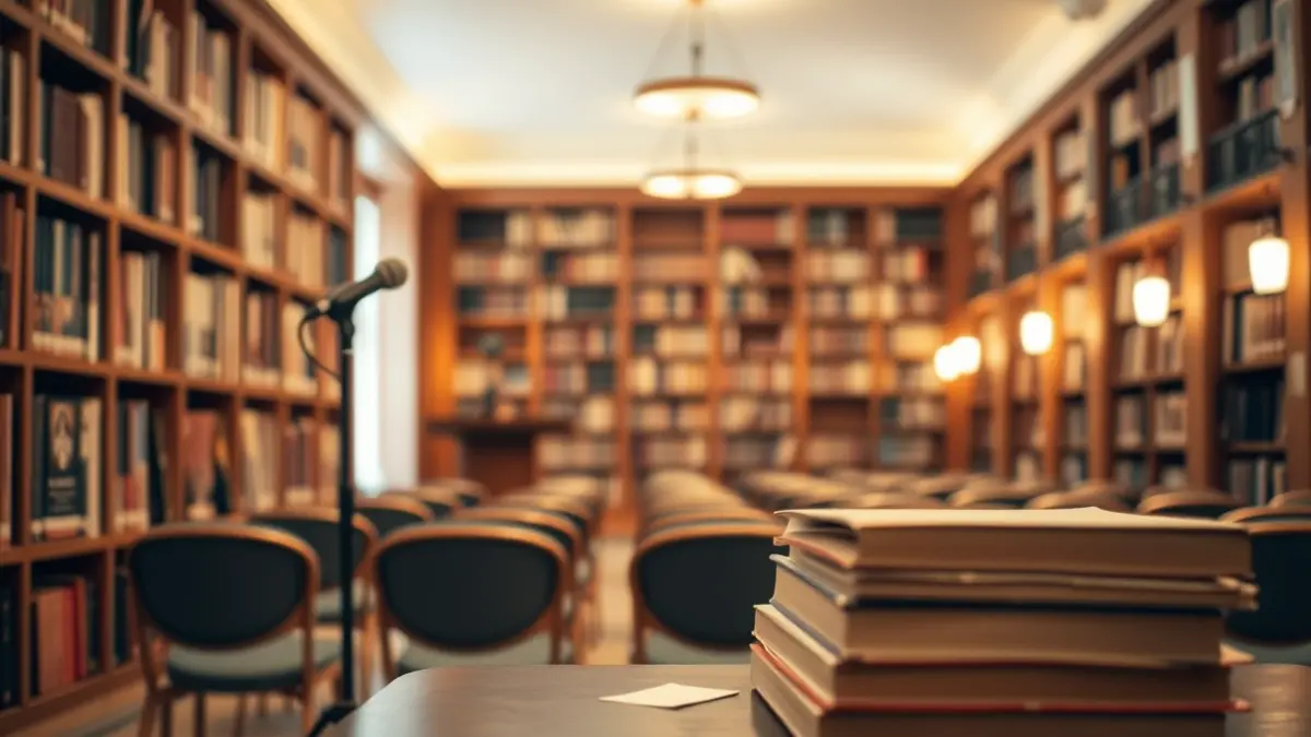 Generic image of a library with wooden bookshelves and a stack of books.