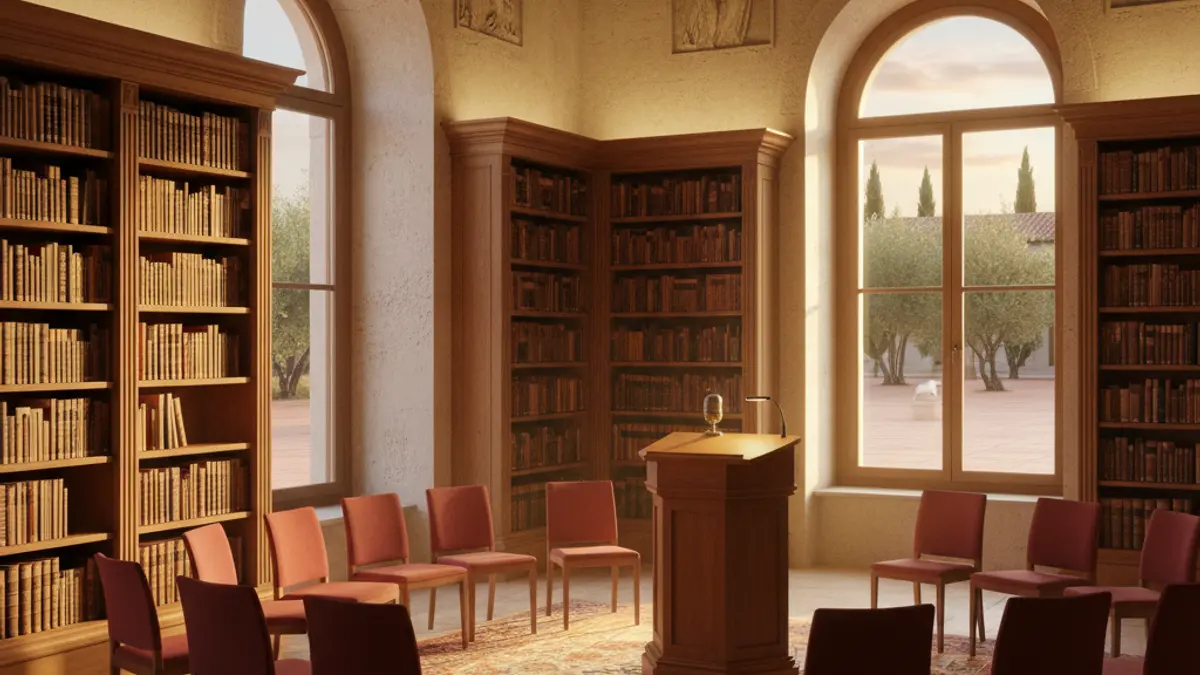 Imagen genérica de un interior de museo o biblioteca con estanterías de madera e iluminación cálida.
