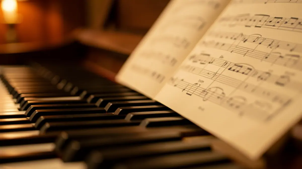 Imagen genérica de un teclado de piano con partituras desenfocadas.