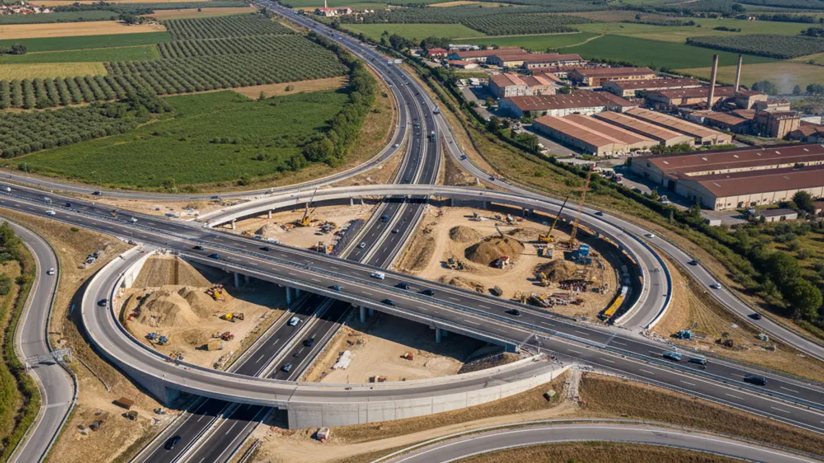 Aerial view of a new highway access under construction, with connections to an industrial area.