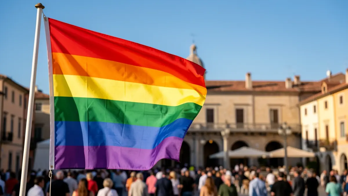 Imatge genèrica d'una bandera de l'Orgull LGTBI+ onejant amb un cel blau i un entorn urbà al fons.