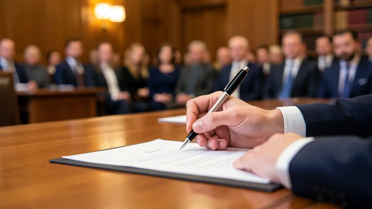 Generic image of a person signing a document in a professional setting.