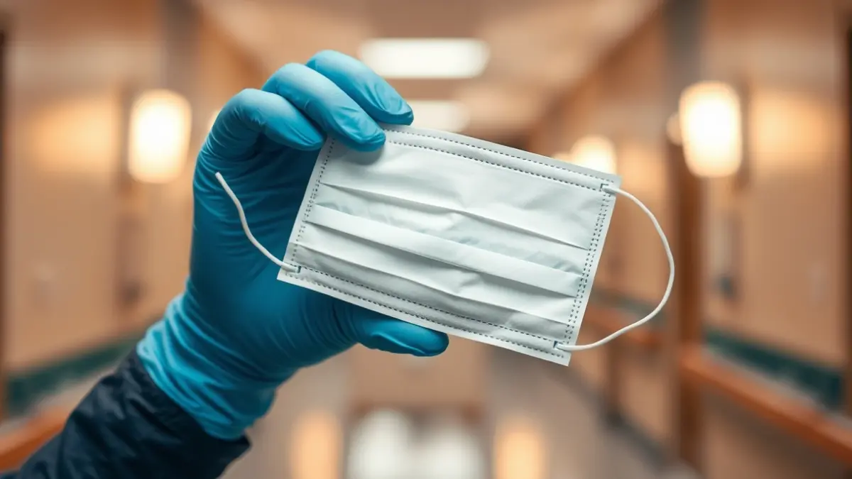 Imagen genérica de manos con guantes médicos sosteniendo una mascarilla protectora en un entorno hospitalario.