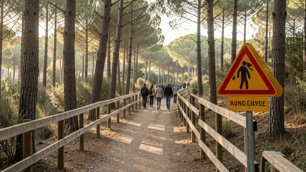 Camí forestal a Collserola amb una tanca de fusta i un senyal d'advertència.