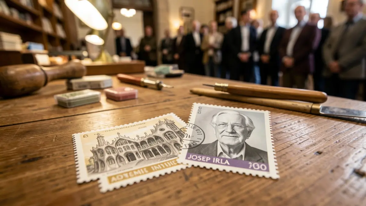 Imatge de dos segells commemoratius, un dedicat a Antoni Gaudí i l'altre a Josep Irla.