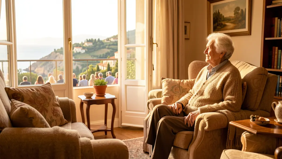 Generic image of an elderly person enjoying sunlight in their home.