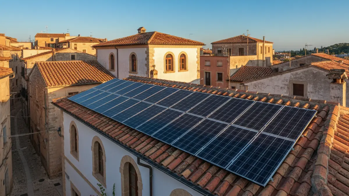 Panells solars instal·lats en una teulada, sota un cel blau i amb llum solar.