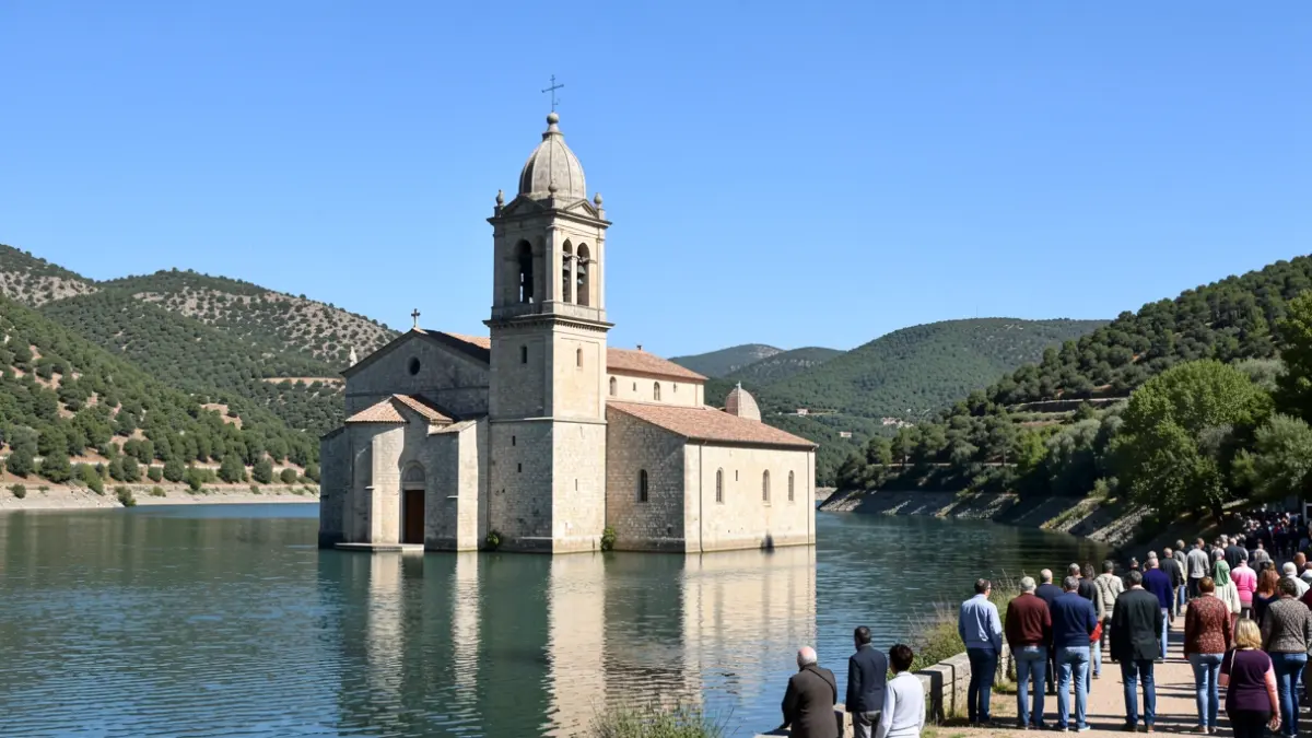 Campanar submergit de l'església de Sant Romà de Sau, parcialment visible sobre la superfície de l'embassament.